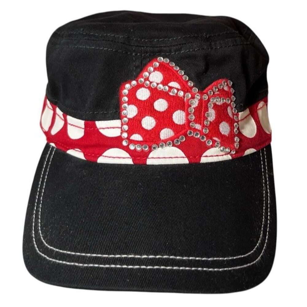 Disney Parks Minnie Mouse Black Cadet Cap Red Polka Dot Bow Rhinestones Hat